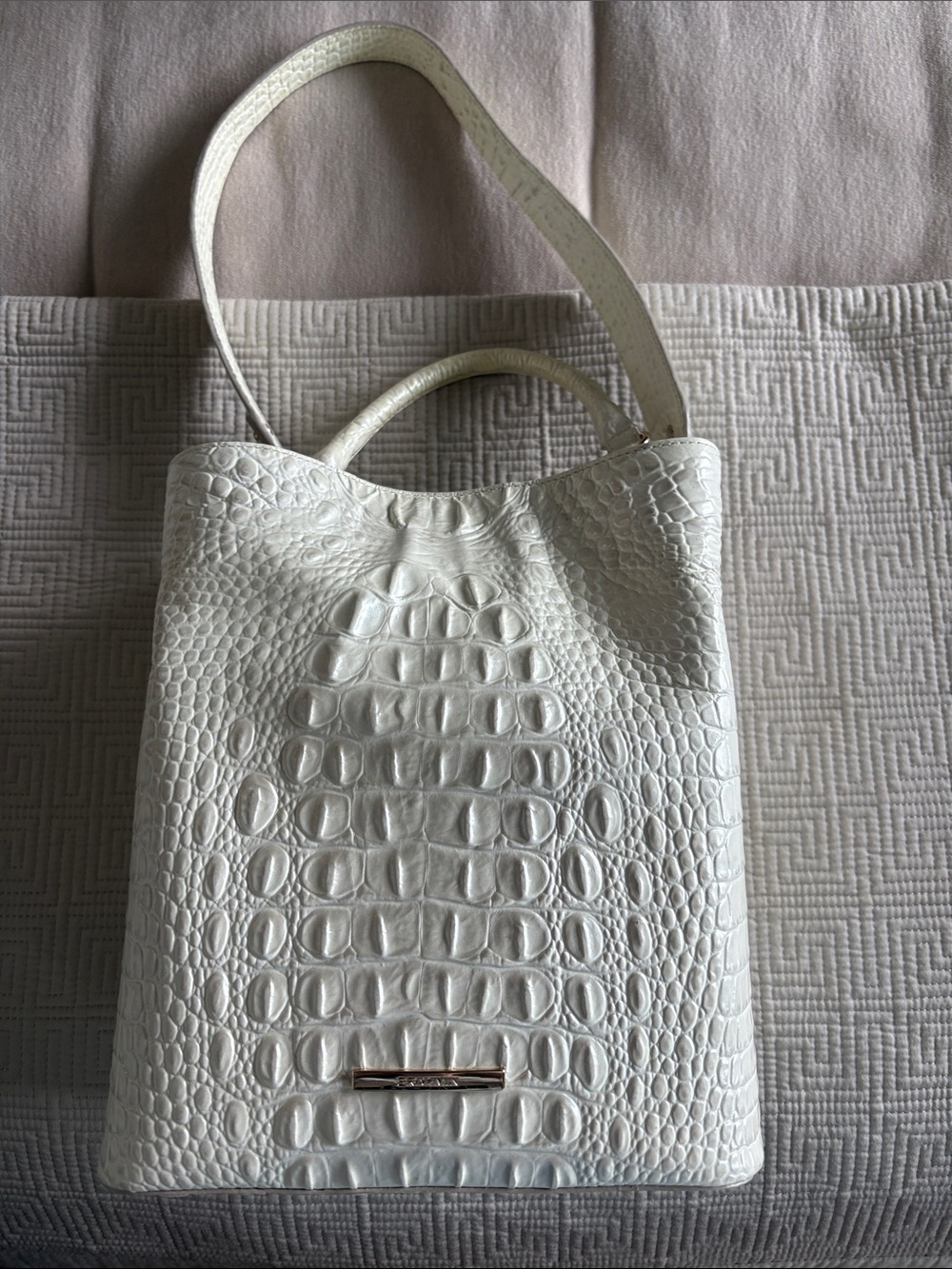 Brahmin White Croc-Embossed Leather Shoulder Bag